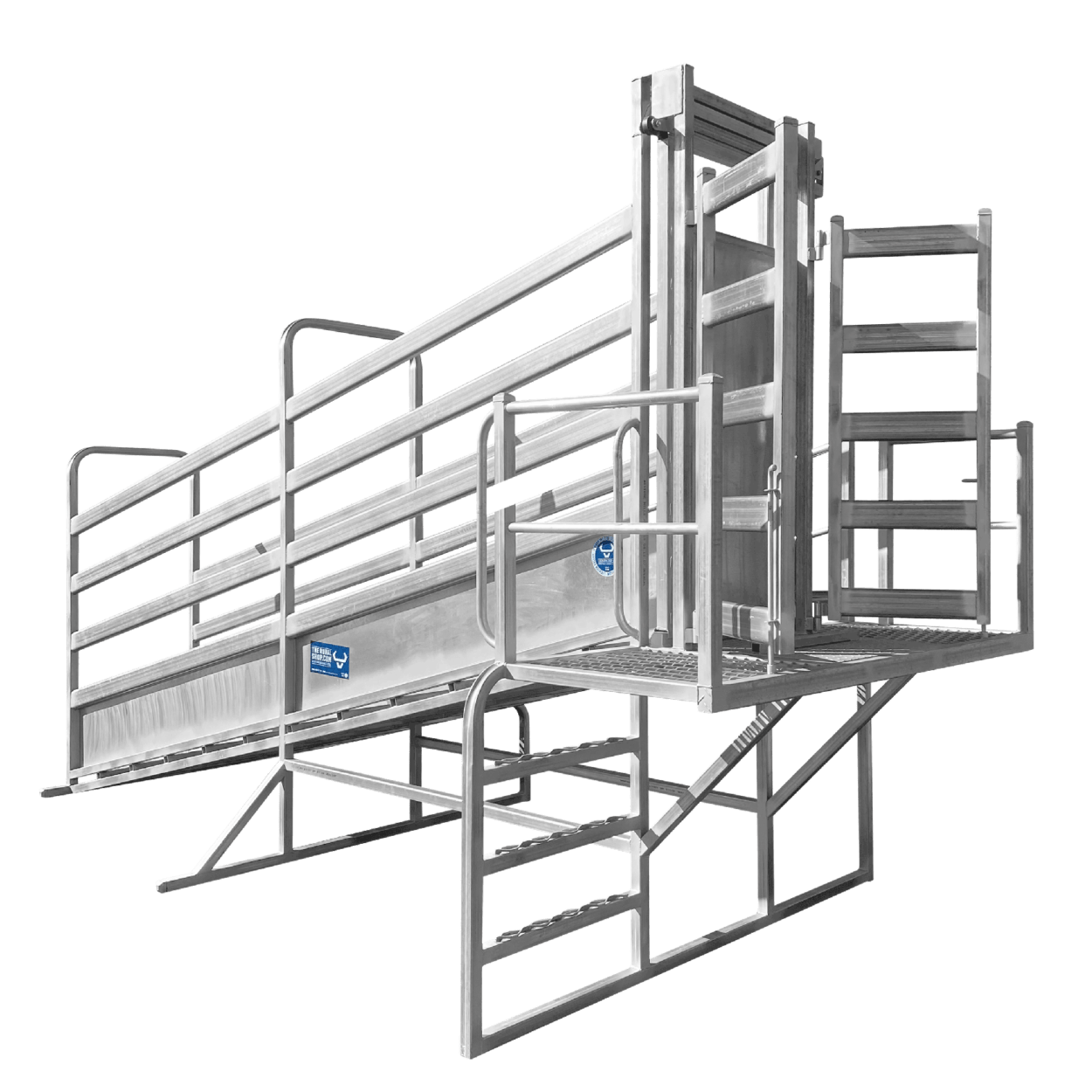 5.5m heavy duty side loader loading ramp. Includes: full walkway on nearside with safety hand rails, offside ladder platform access, sheeted top slide gate, batwing gates on front of platform for side loading and a gentle slope for safe, fast and efficient loading. Available in 5.5m total length.