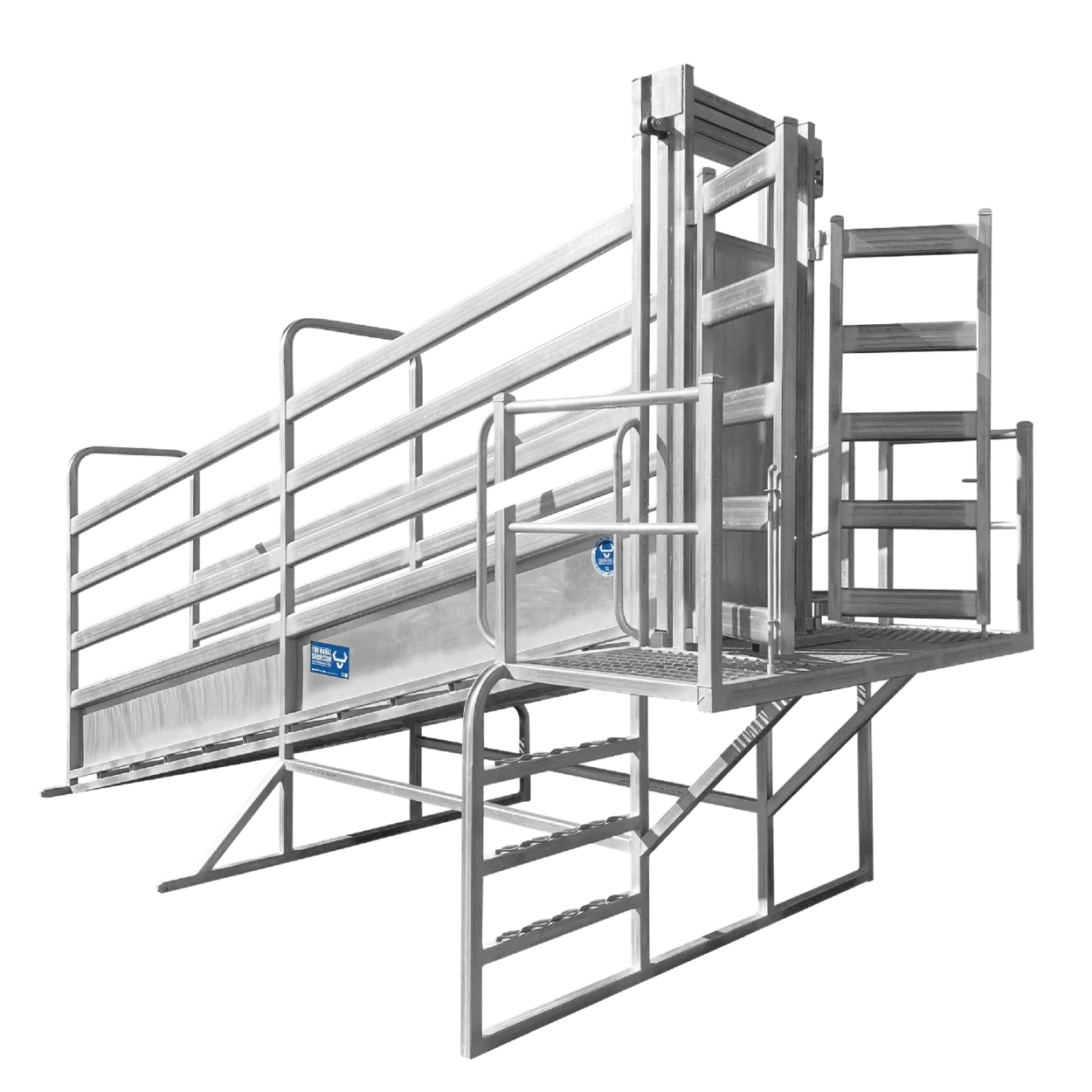 5.5m heavy duty side loader loading ramp. Includes: full walkway on nearside with safety hand rails, offside ladder platform access, sheeted top slide gate, batwing gates on front of platform for side loading and a gentle slope for safe, fast and efficient loading. Available in 5.5m total length.