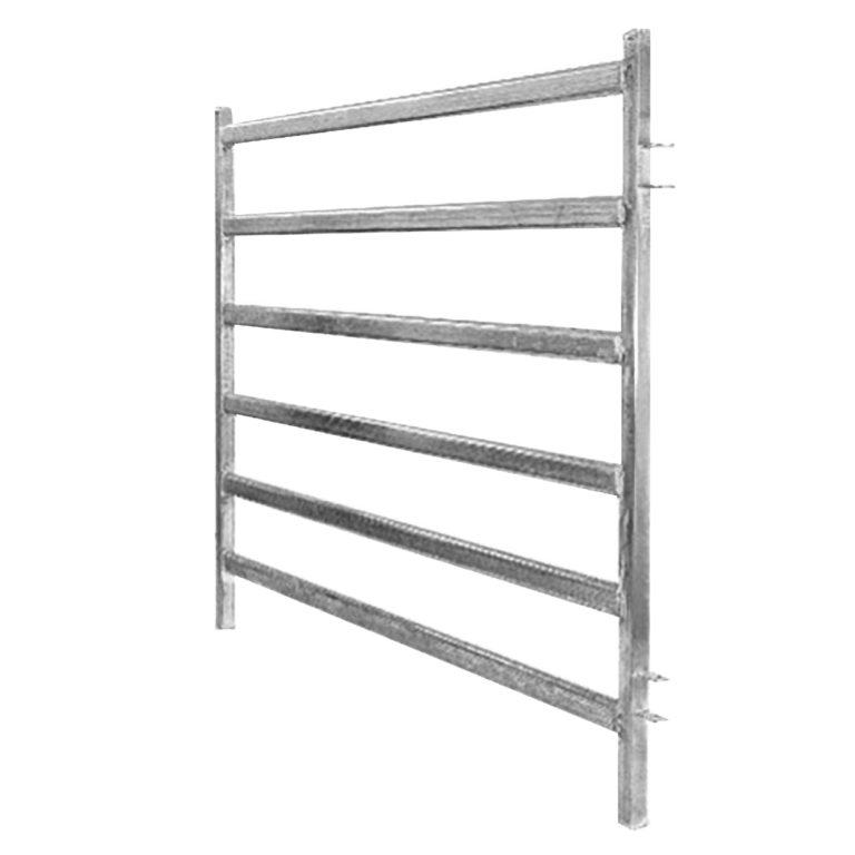 6 Bar Cattleman yard panel. Available in 2.1m and 3.1m length panels and is apart of a standard range. Features steel capped posts top and bottom and 6 bar 75 x 40 x 2mm oval rail.