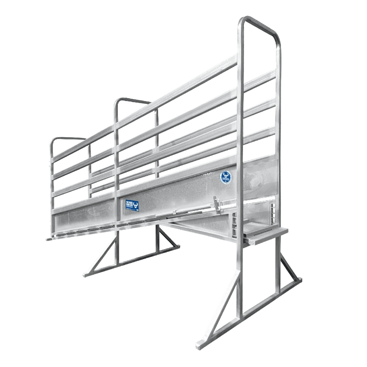 4.5m Adjustable Loading Ramp. Adjust height from 750mm to 1200mm, ideal for car trailers to full size cattle trucks. Features gentle slope for safe and efficient loading and a 3mm galvanised steel floor.