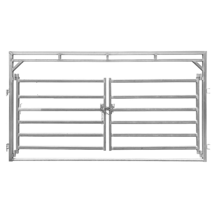 Cattle Yard Double Gate in Frame. Includes; trussed design for strength and double hinged gates for 180 degrees swing. Available in 6m or 4.2m lengths and both the 'Outback' and 'Cattleman' yard range.