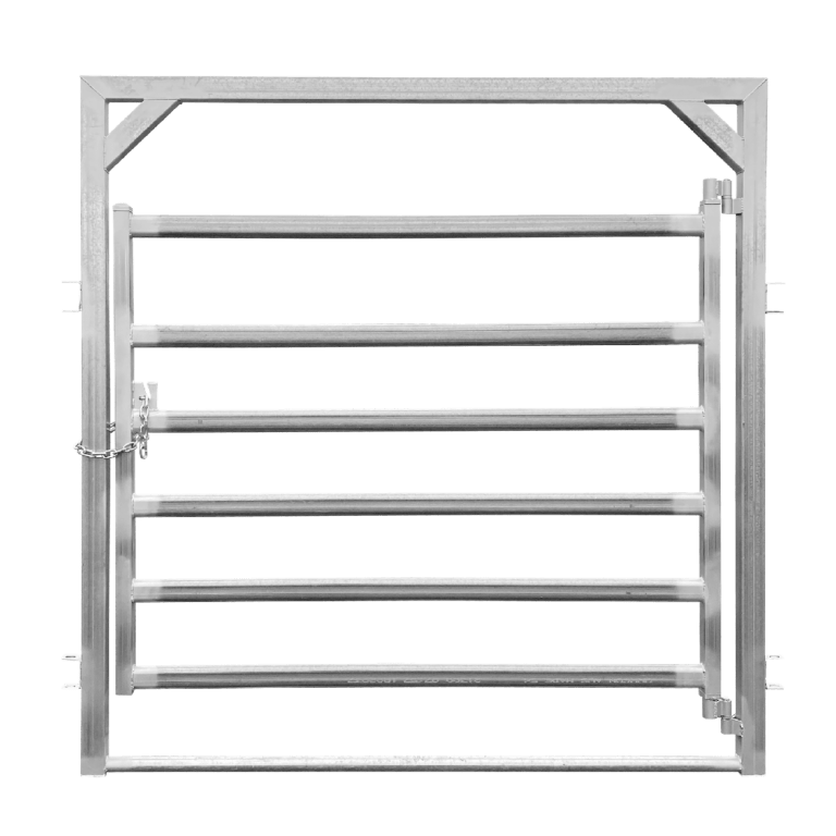 6 bar cattle yard gate in frame from the 'Cattleman' range. Includes 75 x 40 x 2mm oval rail and double hinged for full 180deg swing. Available in 2.1m and 3.1m lengths.