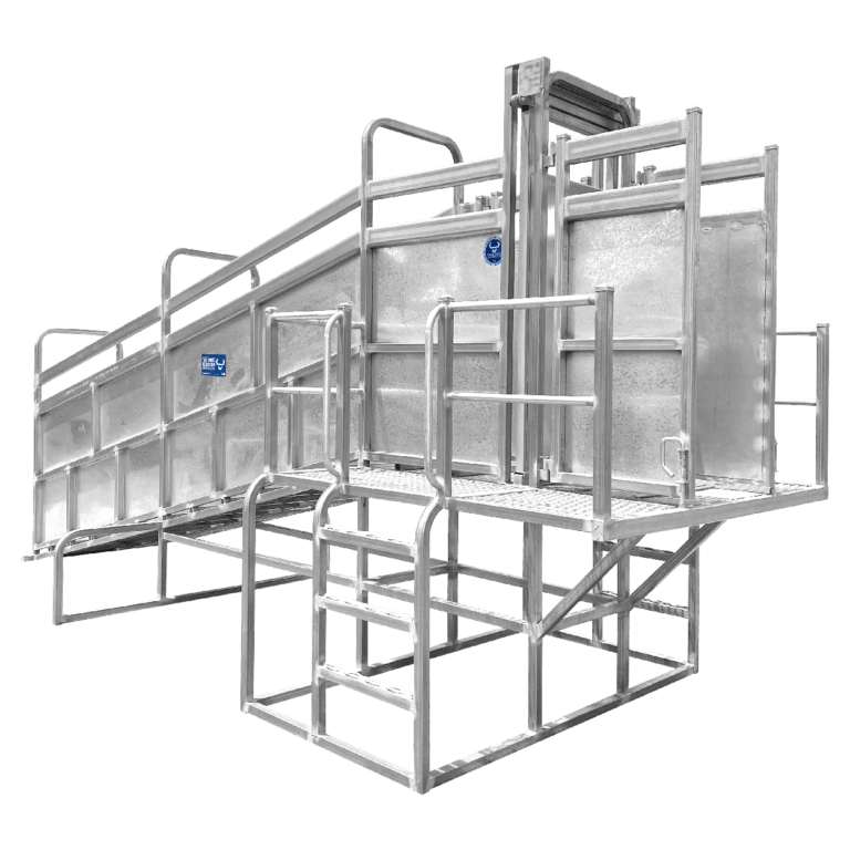 The outback 6.4m heavy duty loading ramp. Includes: full walkway on working side with safety rails, sheeted slide gate at top of ramp, front access platform and ladder on non-working side. Customisable and available in 6.4m total length.